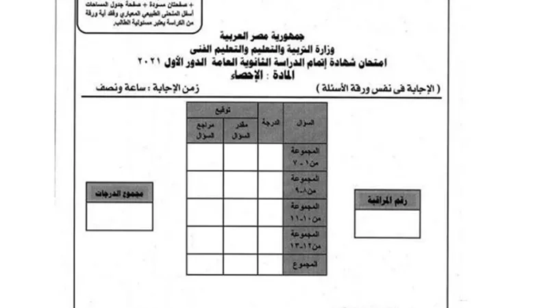 اسئلة امتحان آخر العام 2021 فى مادة الاحصاء للثانوية العامة