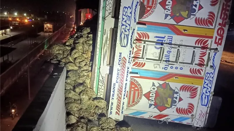 انقلاب سيارة محملة ب 35 طن بنجر علي كوبري سندوب بالدقهلية