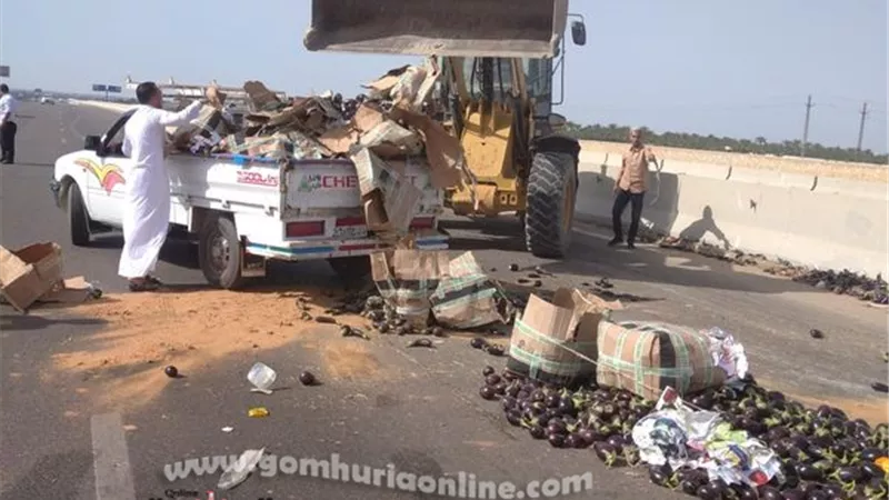 رفع آثار إنقلاب سيارة محملة بالباذنجان في القصاصين بالإسماعيلية..صور