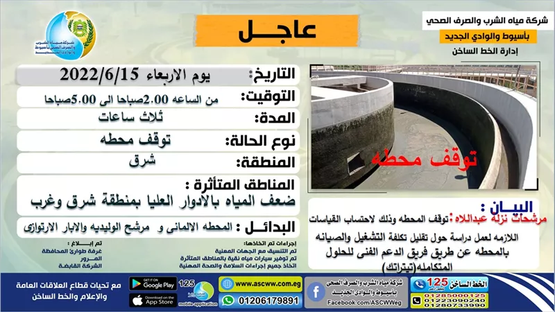 مياه أسيوط تعلن عن ضعف المياه بمنطقتي شرق وغرب أسيوط لمدة 3 ساعات بعد منتصف الليل