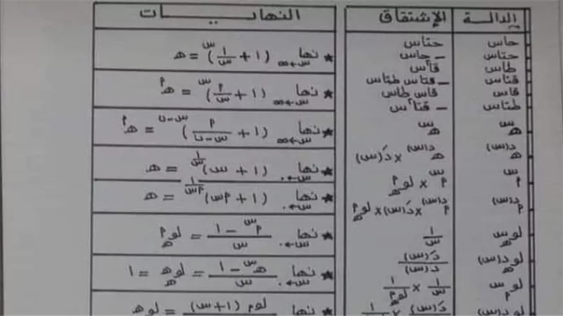 روشتة التفوق فى ورقة واحدة للتفاضل والتكامل للثانوية العامة