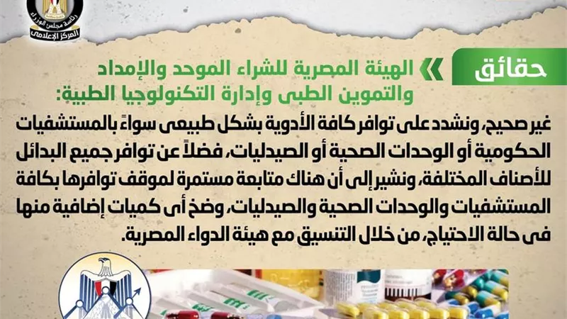 الحكومة تنفى وجود نقص في الأدوية بالمستشفيات الحكومية والصيدليات