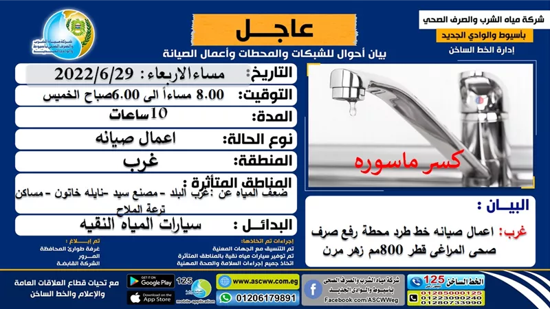 ضعف وانقطاع المياه لأعمال صيانة خط طرد محطة رفع المراغي