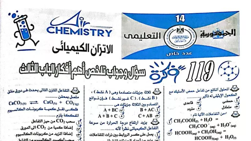 119 سؤالا وجوابا فى الاتزان الكيميائى للثانوية العامة