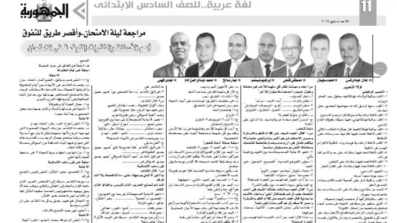مراجعة ليلة الامتحان لمادة اللغة العربية للصف السادس الابتدائى