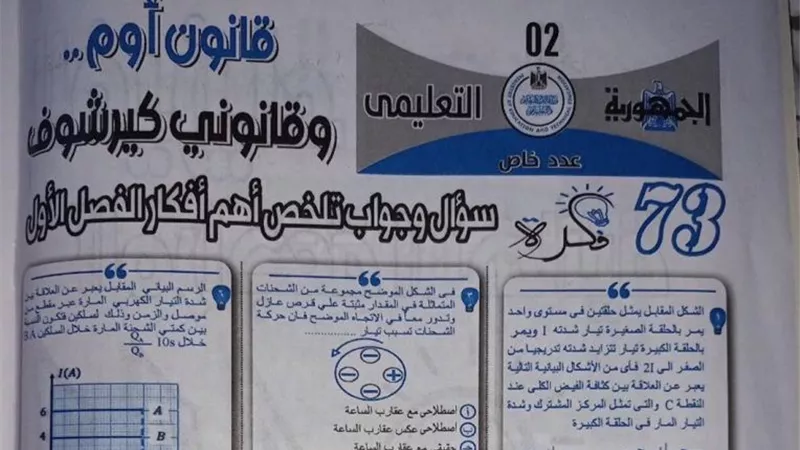 73 سؤالا وجوابا ملخص قانون اوم وقانونى كير شوف فى الفيزياء من ملحق الجمهورية