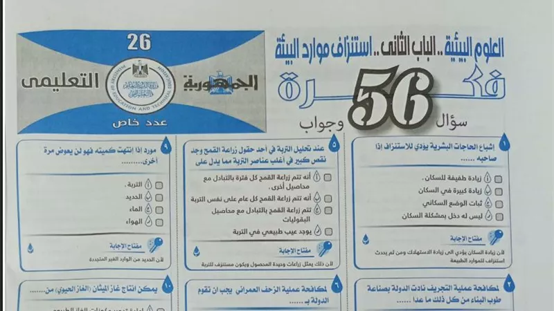 56 سؤالا ملخص الباب الثانى فى العلوم البيئية من ملحق الجمهورية للثانوية العامة