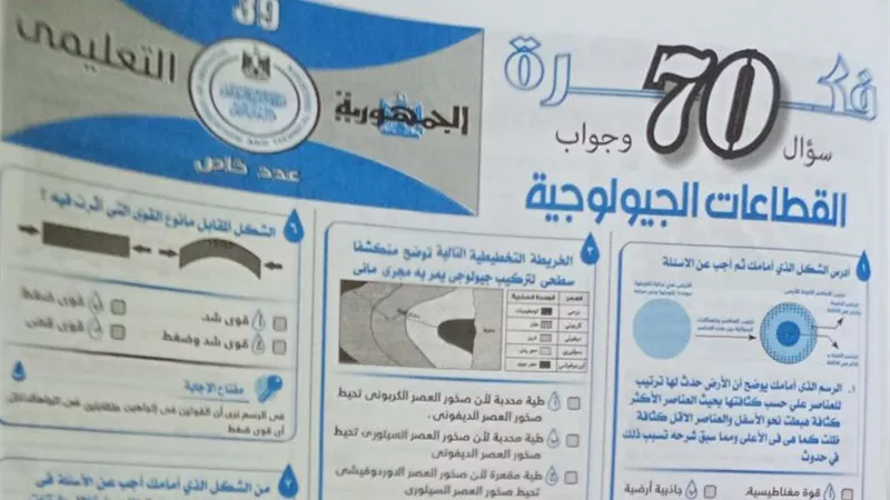 70 سؤالا فى القطاعات الجيولوجية للثانوية العامة من ملحق الجمهورية