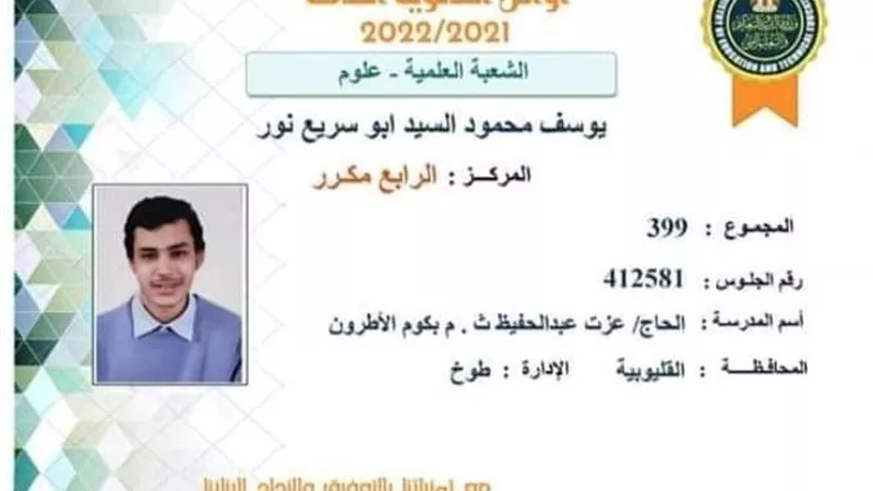 يوسف محمود الرابع مكرر علمى يتمنى الالتحاق بكلية الطب