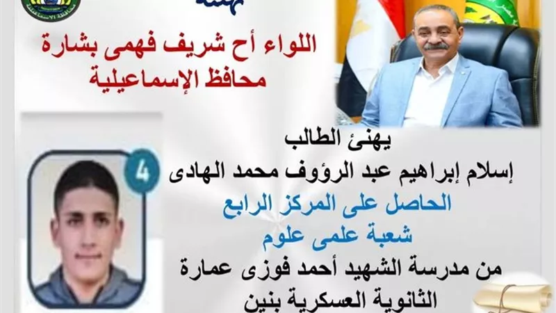 محافظ الإسماعيلية يُهنئ رابع الجمهورية في الثانوية العامة