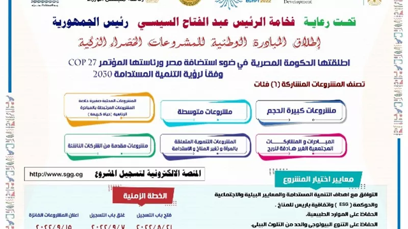 تعلن محافظة الجيزة عن فتح باب التقديم على الموقع الخاص بالمبادرة الوطنية للمشروعات الخضراء الذكية