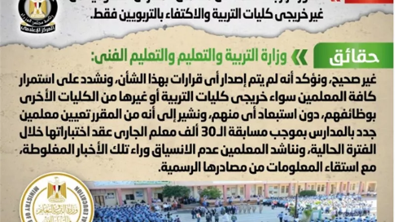 الوزراء ينفي الاستغناء عن معلمى المدارس الحكومية من غير خريجى التربية
