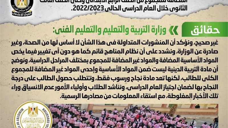 الحكومة تنفى إضافة التربية الدينية للمواد الأساسية المضافة للمجموع