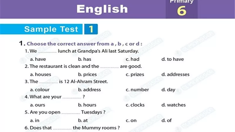 اختبارات أكتوبر فى اللغة الانجليزية للصف السادس الابتدائى بالاجابات