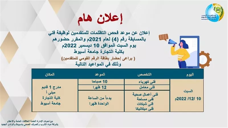 مياه أسيوط تعلن عن موعد فحص التظلمات بوظيفة فني بالمسابقة رقم (1)