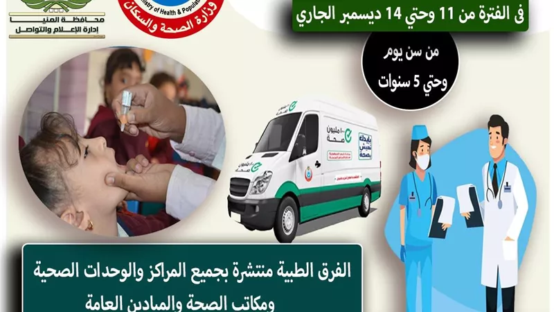 الأحد..بدء الحملة القومية للتطعيم ضد شلل الأطفال بالمنيا