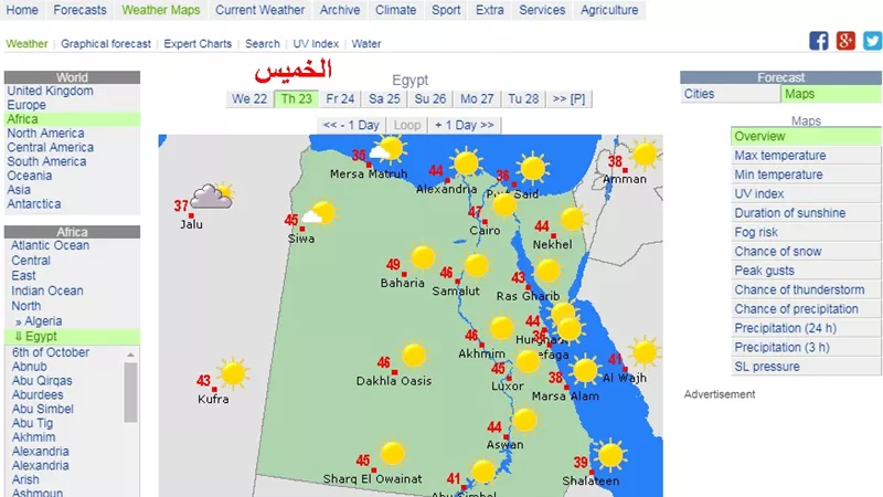موقع الطقس العالمى : الخميس .. مصر تسجل أعلى درجة حرارة فى العالم