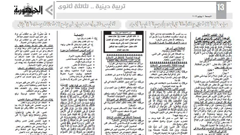مراجعة ليلة الامتحان من ملحق الجمهورية فى مادة التربية الدينية للثانوية العامة