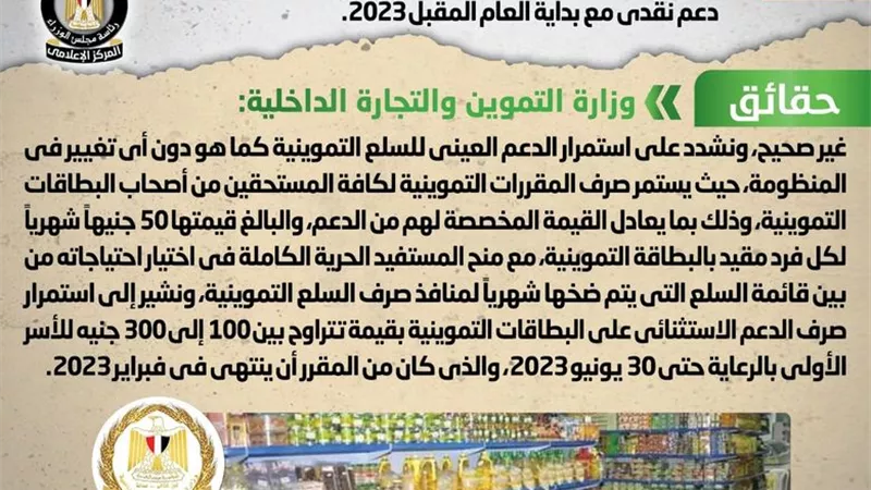 الحكومة تنفى إلغاء الدعم العيني للسلع التموينية وتحويله إلى نقدي