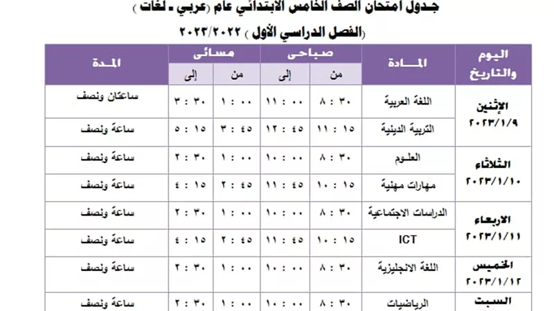 جدول امتحانات الترم الاول للصف الخامس الابتدائي بالجيزة