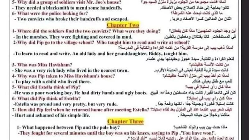 اسئلة واجوبة بالترجمة قصة الامال العظيمة لغة انجليزية فى 4 ورقات للثانوية العامة