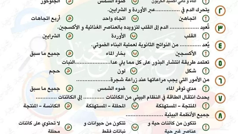 بنك اسئلة في العلوم للصف الخامس الابتدائي