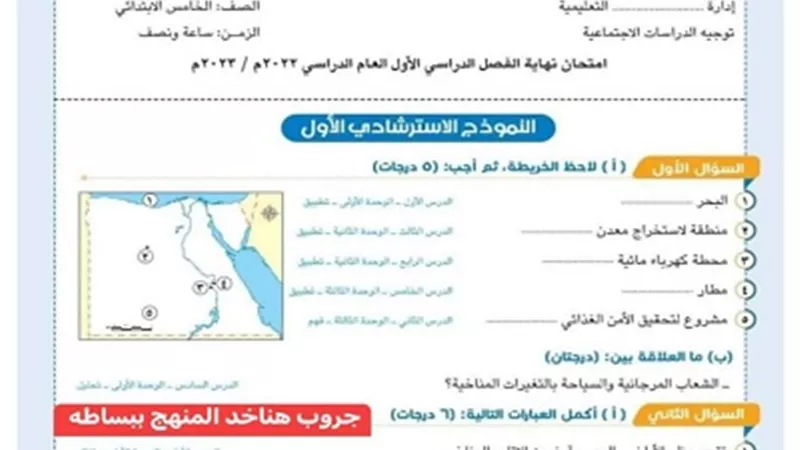 نماذج امتحانات الترم الأول في الدراسات الإجتماعية لخامسة ابتدائى