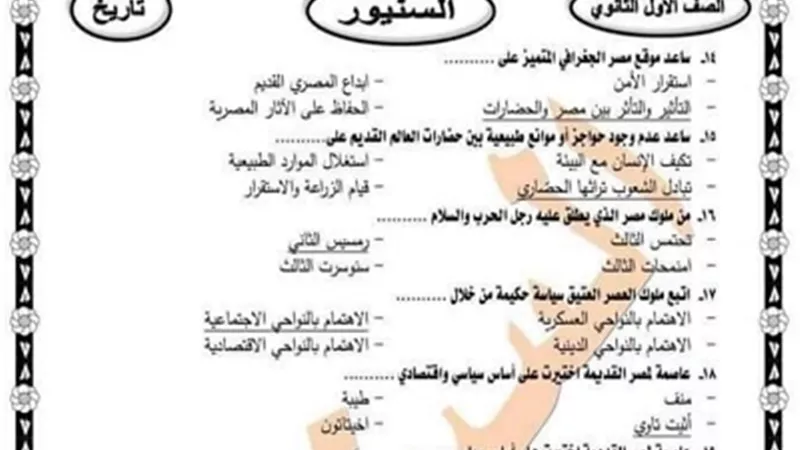 أهم الأسئلة وإجابتها..ملخص التاريخ لأولي ثانوي الترم الأول