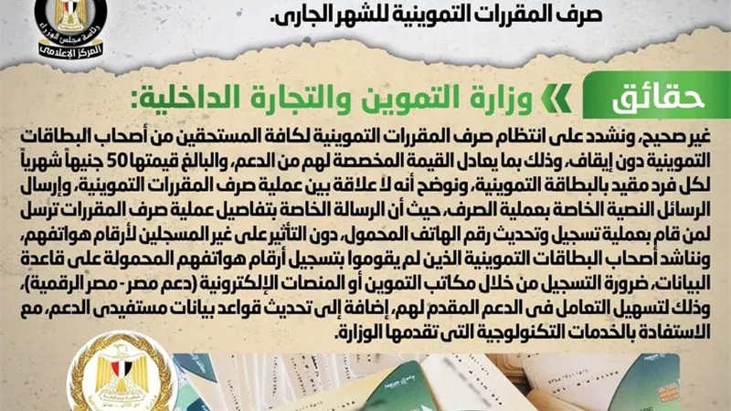 عاجل .. الحكومة تنفى وقف صرف المقررات التموينية لاصحاب هذه البطاقات
