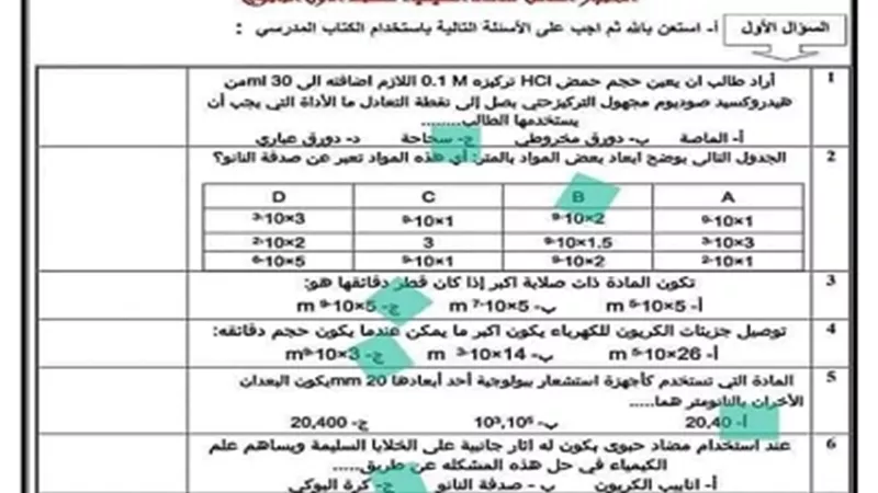 نموذج امتحان كيمياء متوقع لأولى ثانوي بالإجابات