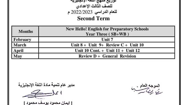 توزيع منهج اللغة الإنجليزية الترم الثاني للصف الثالث الإعدادي