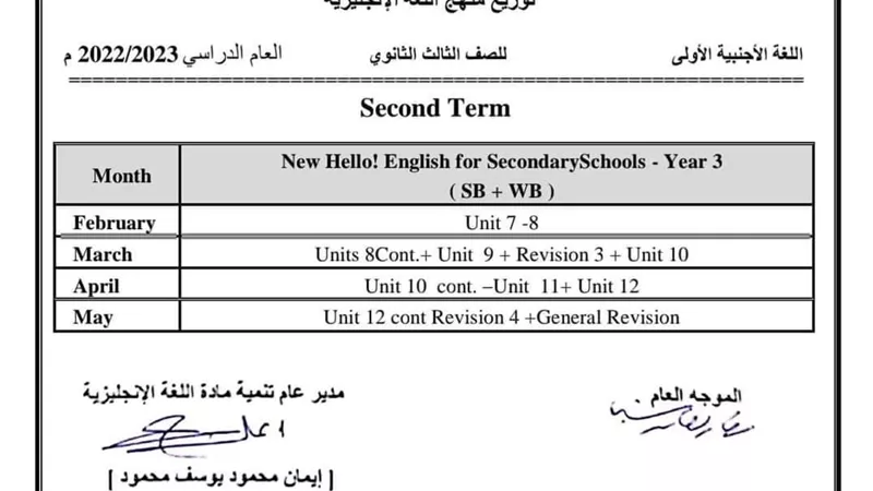 توزيع منهج اللغة الإنجليزية الترم الثاني للثانوية العامة