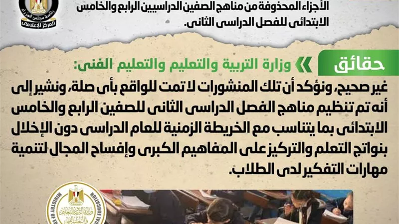 الحكومة تنفي حذف من مناهج الصفين الدراسيين الرابع والخامس الابتدائى