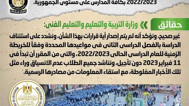 الحكومة تنفى تأجيل استئناف الفصل الدراسي الثاني بكافة مدارس الجمهورية