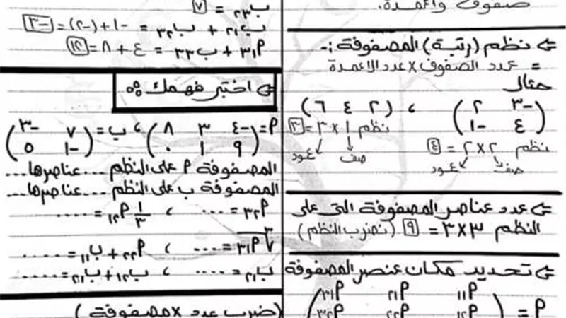 مذكرة مصفوفات للجبر فى 3 ورقات لأولى ثانوي .. تضمن لك التفوق