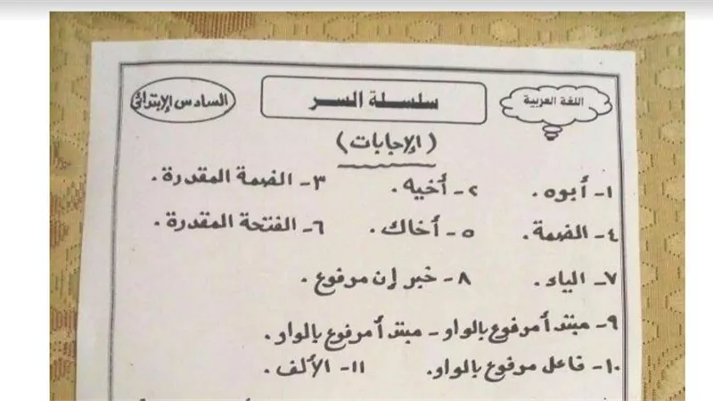 اختيار من متعدد على الأسماء الخمسة للصف السادس الإبتدائي فى 4 ورق