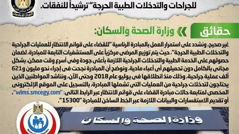 الحكومة تنفى وقف المبادرة الرئاسية للقضاء على قوائم الانتظار ترشيداً للنفقات