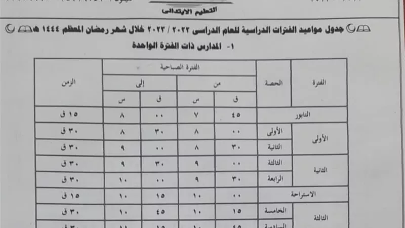 تعديل مواعيد اليوم الدراسي في رمضان بمدارس الفترتين بالجيزة