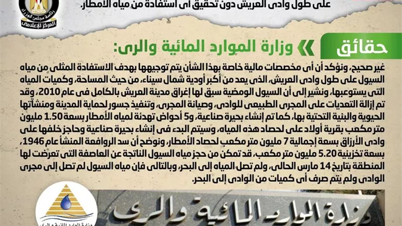 الحكومة:لا صحة لإهدار مليارات الجنيهات على حواجزسيول بوادى العريش