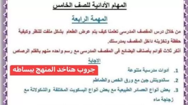 المهام الأدائية لمادة المهارات المهنية للترم الثاني لخامسةابتدائي
