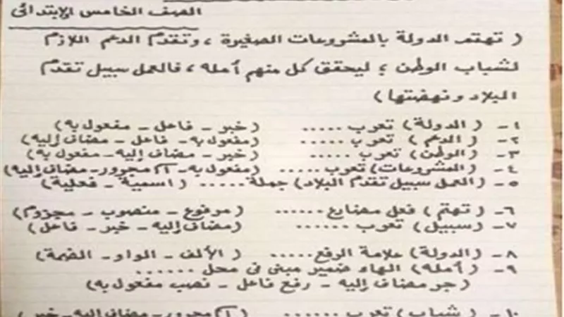 تدريبات نحوية للصف الخامس الإبتدائي الترم الثانى 2023