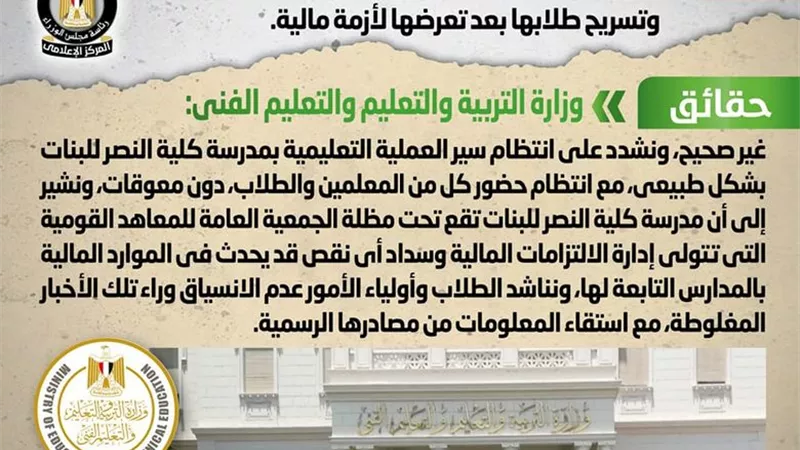 الحكومة تنفى إغلاق مدرسة كلية النصر للبنات بالإسكندرية