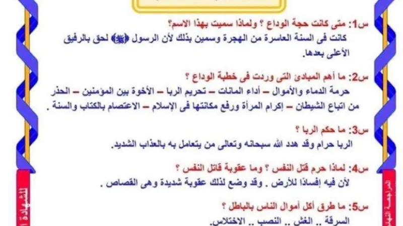 س وج..مراجعة ليلة الامتحان دين للصف الثالث الإعدادي الترم الثاني