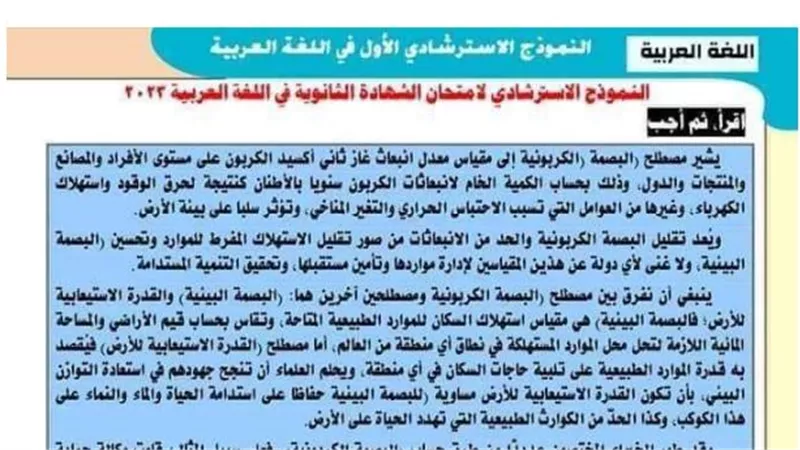 النموذج الاسترشادي الأول فى اللغة العربية للثانوية العامة