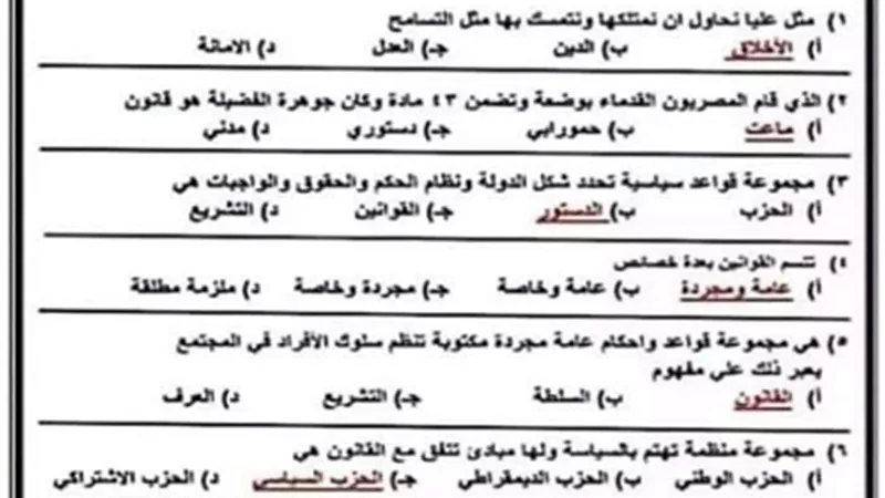 الأسئلة المتوقعة في التربية الوطنية للثانوية العامة..بالإجابات