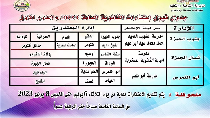 ننشر اسماء وعناوين مقار اعتذارات الثانوية العامة بالجيزة