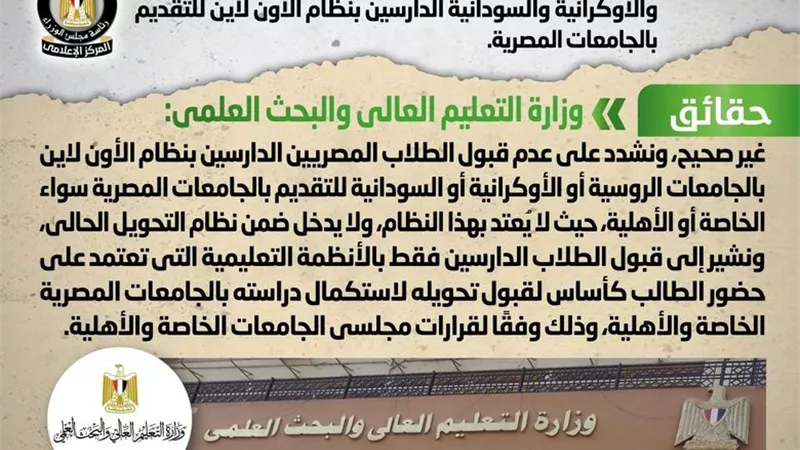 الحكومة: لا صحة لقبول العائدين من روسيا واوكرانيا والسودان الدارسين بنظام الاونلاين بالجامعات المصرية