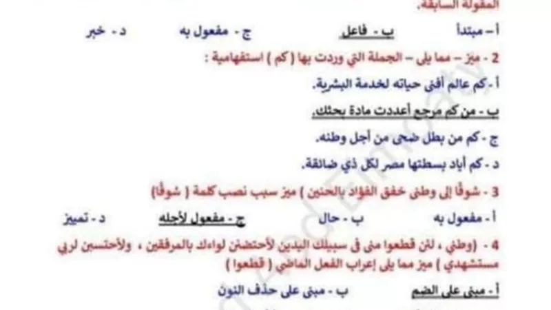 إجابات أسئلة النحو الواردة في امتحانات العامين الماضيين للثانوية العامة