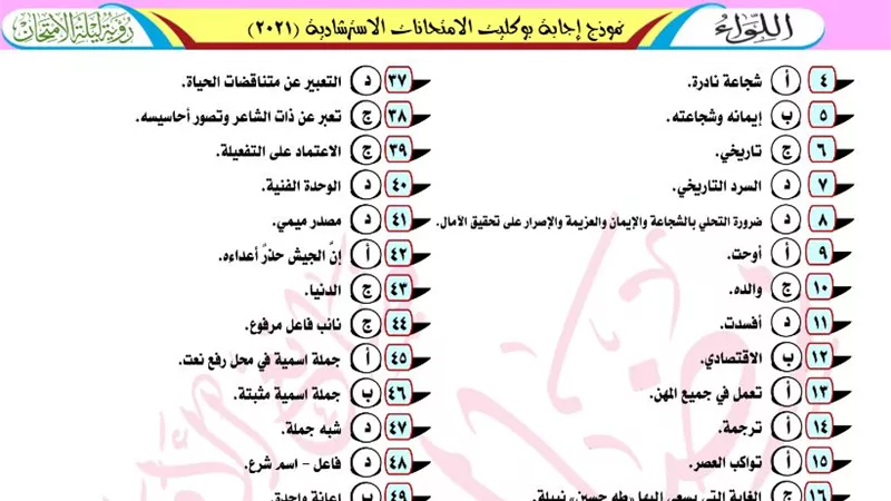 إجابات بوكليت الامتحانات الاسترشادية فى اللغة العربية للثانوية العامة