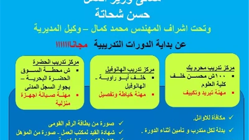 وزارة العمل: دورات تدريبية على 3 مهن لشباب الأسكندرية بالمجان
